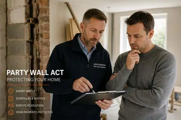 Party wall surveyor Warrington discussing extension plans with homeowner outside a UK semi-detached house.